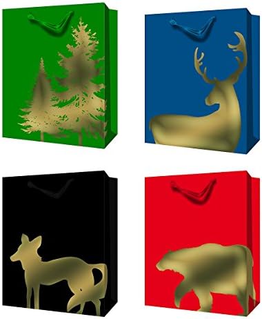 Sophisticated Fancy Christmas Holiday Woodland Animal Designed Gift Bags, Multicolor, Red, Gold, Green, Blue, Black, Assorted Designs, 4 Pack, Medium, 10" x 13" x 5.5"