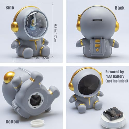 COORFORMER ASTRONAUT DESK CLOCK PIGGY BANK/SAVINGS JAR, KIDS ROOM SPACE THEME DECOR, CHILDREN CLOCK FOR HOME SCHOOL BEDROOM LIVING ROOM, FOR BOYS AND GIRLS GIFT – REMOVABLE BATTERY OPERATED – GRAY