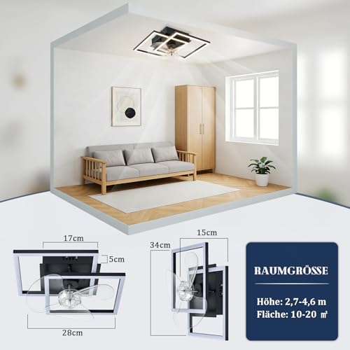 Homefire Ceiling Fan with Light - LED Lamp Fan Ceiling Silent and Remote Control Black 3000-6500K Dimmable Modern Ceiling Fans 6 Speeds DC Motor for Bedroom