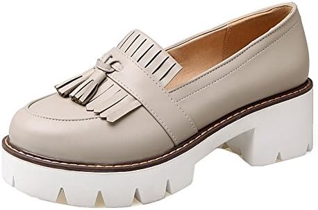AllhqFashion Women's PU Round-Toe Kitten-Heels Pull-On Fringed Pumps-Shoes, Apricot, 42