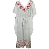 Mogul Interior Womens Caftan Maxi Dress White Embroidered Gypsy Chick Cotton Gauze Kaftan L