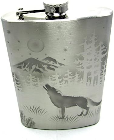 IncisoArt  Hand Etched Stainless Steel Flask Sandblasted (Sand Carved) Upgraded 304 SS with Funnel (Howling Wolf Moon Forest Mountain, 12 Ounce)