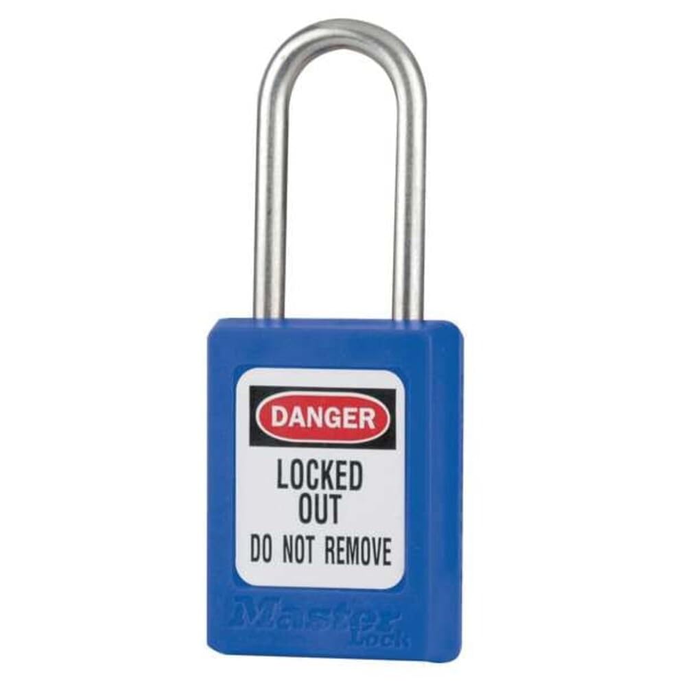 Master Lock Blue Zenex™ thermoplastic Safety Padlock, 35mm Wide with 38mm Tall Stainless Steel Shackle, Key retaining, keyed Different