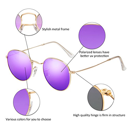 LianSan Classic Retro Metal Frame Round Circle Mirrored Polaroid Sunglasses for Men and Women 3447 Purple Polaroid Lens