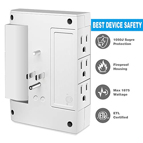 Wall Tap Surge Protector, Kasonic Top Power Strip 6 Power Outlets Plus 2 USB Ports Portable Wall-Mount Socket, Best Power Surge Protection Smart Charging for Home and Office (1 Pack)