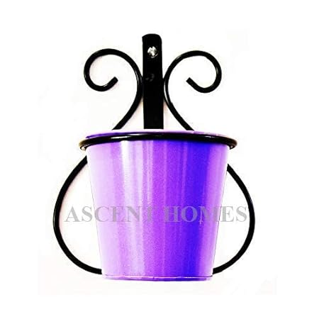 Wall Mount Metal Stand with Round Galvanized Bucket Planter 5.5 x 7.7 x 9.5 Inches (Purple)