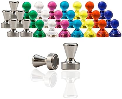 Magnetic Push Pins - 26 Pack of Strong Silver Metal and Fun Transparent Magnet Pushpins for Classroom Boards, Maps, Fridges, Whiteboards, Calendars, Refridgerators and more