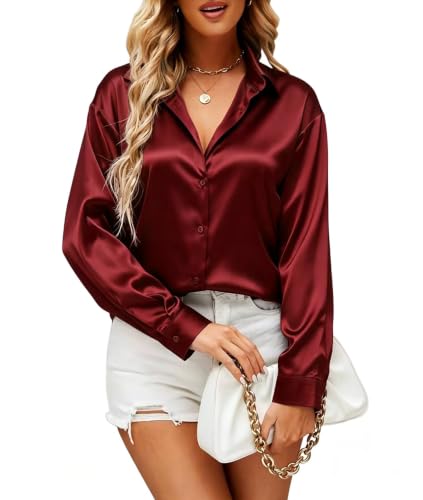Damipow Women Satin Button Down Shirt