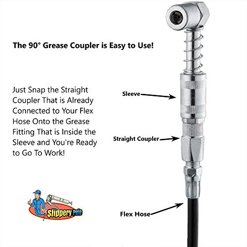 Slippery Pete 90 Degree Grease Gun Coupler Snaps onto Grease Fittings