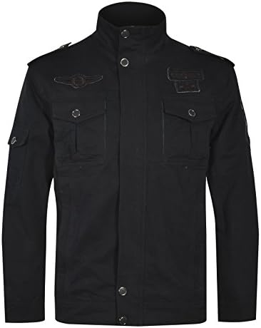 POZON Men's Casual Long Sleeve Full Zip Jacket with Shoulder Straps (S, Black)