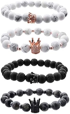 4pcs Black Labradorite White Howlite Beads CZ King Queen Adjustable Bracelets Set for Couples