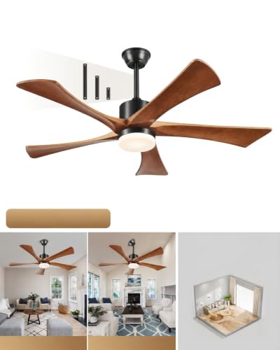 Forrovenco Wooden Ceiling Fan with Light 132 cm / 52 Inches, Ceiling Fan with Lighting and Remote Control, Outdoor Ceiling Fans for Patio, 5 Blades, 6 Levels, Quiet DC Motor, Walnut