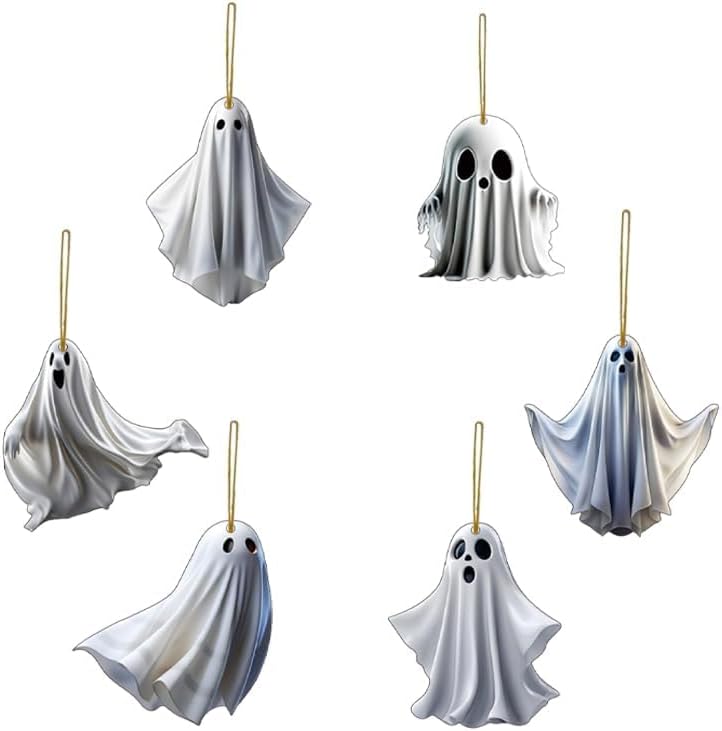 Halloween Geist Anhänger, 6 Stück Geister Hängend Deko, Halloween Deko zum Aufhängen, Acryl Anhänger Deko für Innen Außen Garten Party Dekoration