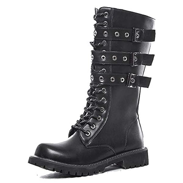 靴 メンズジッパーレザーマーティンブーツ メタルデコラティブロックパンクブーツ ブラックノンスリップゴシックブーツ