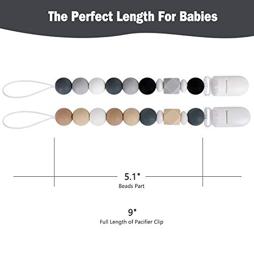 Baby Pacifier Clip, MCGMITT Silicone Teether Beads Binky Holder Teething Relief BPA Free for Girls Boys, 2 Pack Shower Gift Set (Grey+Beige)