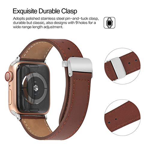 hooroor Leather Bands Compatible Apple Watch Band 38mm 40mm Accessory Replacement Wristband Sport Strap for Iwatch Nike+, Series 4 3 2 1, Edition, Stainless Steel Metal Buckle (Brown-38 mm 40mm)