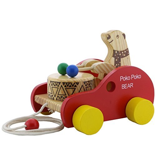 HSOMiD Wooden Toy Poko Poko Bear Drum Beating Car for Baby Toddlers Kids (Poko Bear)
