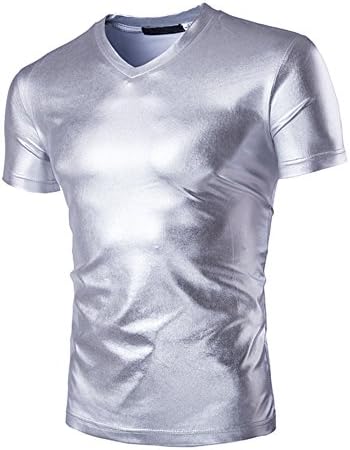 Plumsika Men's Fashion Shiny Nightclub Metallic Silver Button Down Shirts (XXL (US XL), Sliver-s)