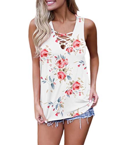 Feiersi Women's Sleeveless Criss Cross Print Casual Tank Tops Basic Blouse(Floral White,2XL)