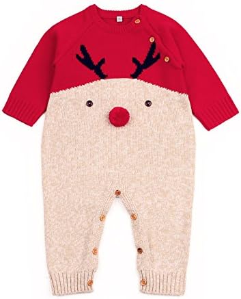 Angekids Baby Winter Sweater Christmas Theme Deer Pattern Two Colors Infant Romper (0-6M(Tag70), Red&amp;Beige)