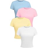 SOLY HUX Women's Crew Neck Short Sleeve T-Shirts 4 Packs Crop Tops Slim Fitted Going Out Tees