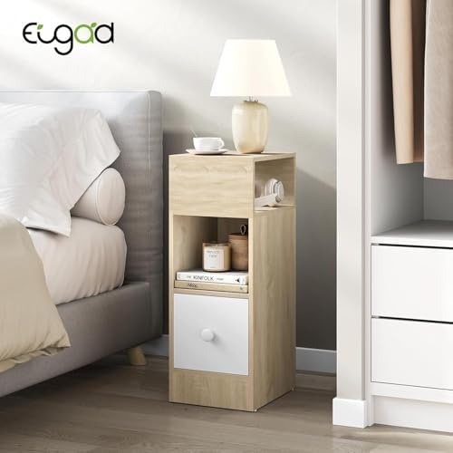 EUGAD 2X Mesas de cabeceira com 2 compartimentos e 1 gaveta, 25x30x66 cm, Mesa de cabeceira para quarto estreita, estilo moderno, Mesa lateral alta de madeira, Carvalho claro, 0192ZZ-2
