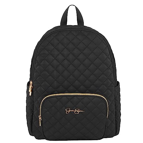 Jessica Simpson Black Quilted Diaper Bag Backpack with Insulated Pockets, Portable Changing Pad, Stroller Straps, Fanny Pack 3 Pc. Set (Camilla (With Fanny Pack))