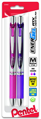 Pentel EnerGel RTX Retractable Liquid Gel Pen, Medium Line, Metal Tip,  Pink/Violet Ink, 2-Pack (BL77BP2PV)