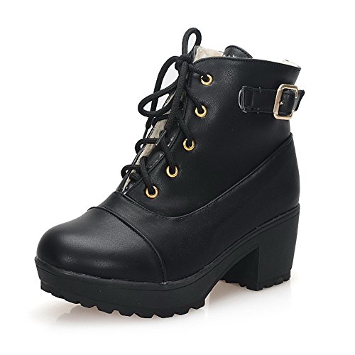 WeiPoot Womens Pointed Closed Toe Kitten Heels PU Solid Boots with Bandageand Metal Buckles, Black, 7 B(M) US WeiPoot Womens Pointed Closed Toe Kitten Heels PU Solid Boots with Bandageand Metal Buckles, Black, 7 B(M) US