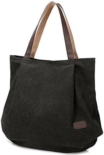Qyoubi Women's Canvas Pleated Shoulder Bag Big Shopping Tote Casual Work Travel Bag Black