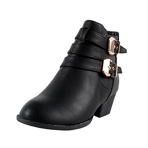 Top Moda Cl-14 Women's Buckle Straps Stacked Low Heel Ankle Booties,Black,6.5