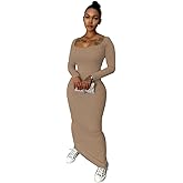Nimsruc Sexy Crew Neck Lounge Long Dress Fitted Long Sleeve Ribbed Bodycon Maxi Dresses for Women 2024