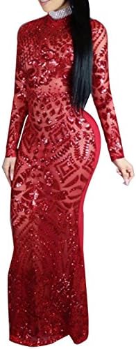 Eleganlife Women Sexy Round Neck Long Sleeve Mermaid Sequin Bodycon Evening Gown Maxi Dress Red XLarge