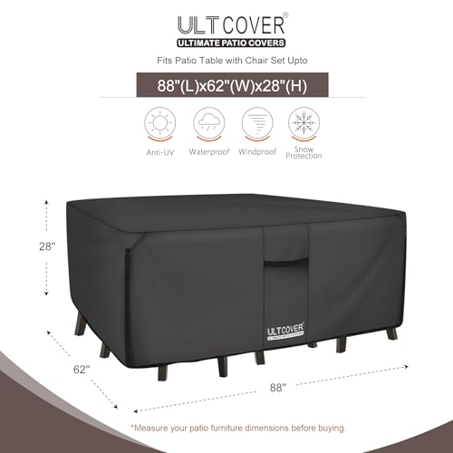 ULTCOVER 600D Tough Canvas Durable Rectangular Patio Table and Chair Cover - Waterproof Outdoor General Purpose Furniture Covers 88Lx62Wx28H inch, Black