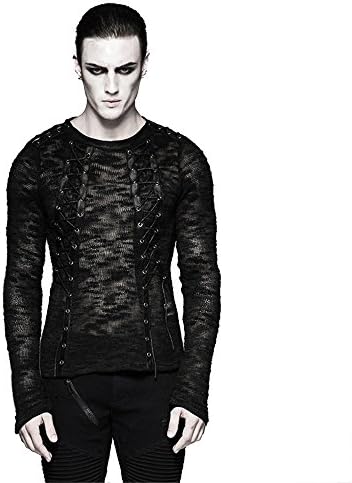 Steampunk Men Hollow Out Strappy Sweater Victorian Black Lace-up Knitting Sweater Shirts Top (XL)