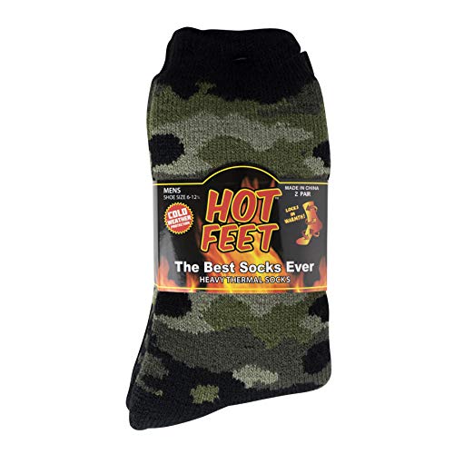 Hot Feet Cozy, Heated Thermal Socks for Men, Warm, Patterned Crew Socks, USA Men's Sock Sizes 6 - 12.5 - Hot Feet (Green Camo/Solid Black) (2 - Pack) - Thumbnail 2
