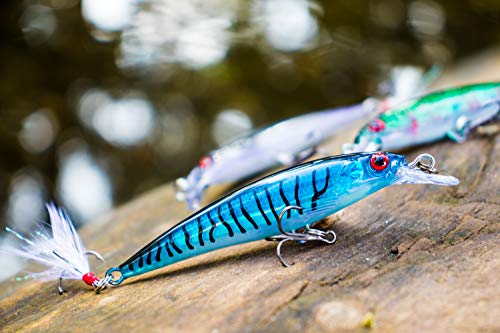 HUNTIC Minnow Wobbler Set 5 Stück Kunstköder mit Feder + Fischköderbox - 9cm, 8g - Angelköder schwebend… – Bild 7