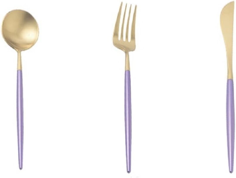 Home Dinner Flatware Cutlery Set of 3 Pcs, Main Spoon + Folk + Knife - Gold/Purple