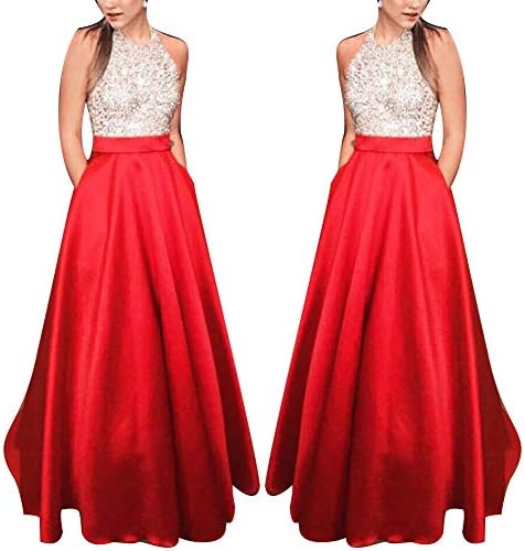 TRENTON Women Dresses Glitter Sequined Sleeveless Slim Fit Sexy Party Gown Evening Maxi Dress Red M