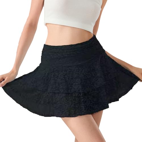 Frauen Floral Spitze Slip Röcke Niedrige Taille Rüsche Layered Plissee Mini Röcke Y2K Flowy Tiered Short Rock(Black-2,Xl)