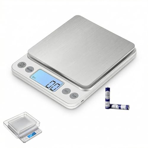 Balança Digital de Precisão 0,1g a 2kg para Cozinha e Jóias, Visor LCD Iluminado, 9 Unidades, Função Tara e Contagem de Peças, 2 Bandejas, Portáil Desligamento Automático