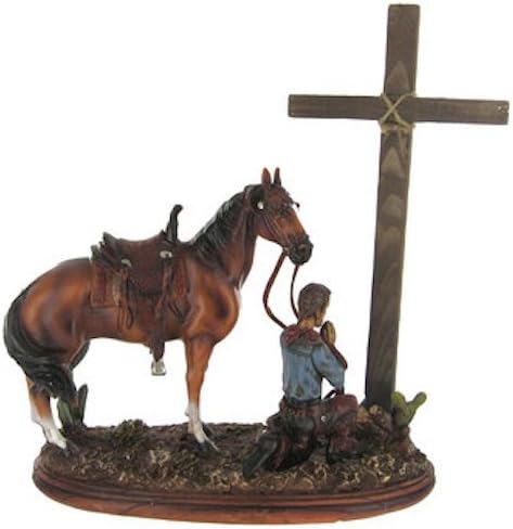 Brown Blue Green Black White Cowboy Horse Praying at Cross Resin Polyresin