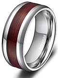 8mm Men's Titanium Ring Real Wood Grain Inlay Polished Beveled Edges Comfort Fit Wedding Band Size 5 - 14