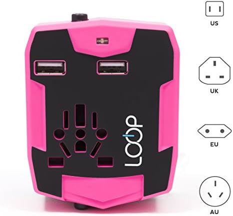 LOOP World Travel Adapter, Worldwide [US UK EU AU/CN] Charger with 6000mAh Power Bank, Dual Smart Power USB Charging Ports &amp; Universal AC Socket - Safety Fused (Pink)