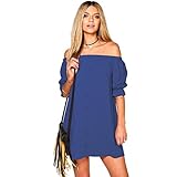 NOMENI Women Casual Button Off Shoulder Short Mini Dress (M, Blue)