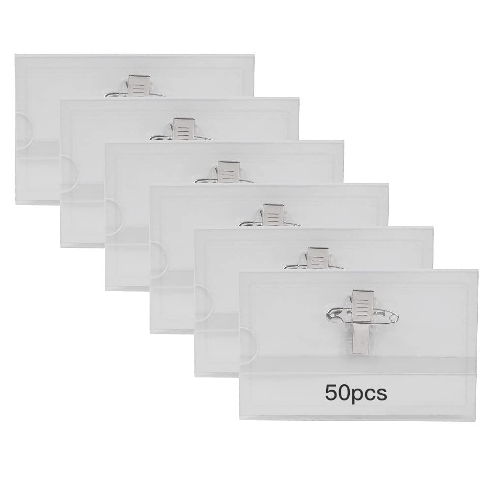 TMBMLPP 50 PCS Name Badges with Crocodile Clip and Safety Pin, Clear Badges with Pins for ID Cards, School, Colleges, Offices, Corporate Events, Conferences