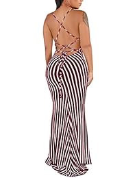 Yiershu - Maxi vestido largo y sexy para mujer, para fiestas, con tirantes, a rayas