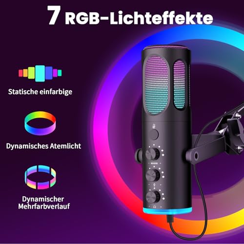 Ortizan USB Gaming Microphone PC with Swivel Arm, Mute and Monitoring | For streaming, podcast, YouTube, Discord, PS4/PS5 and Mac, with RGB light and pop filter