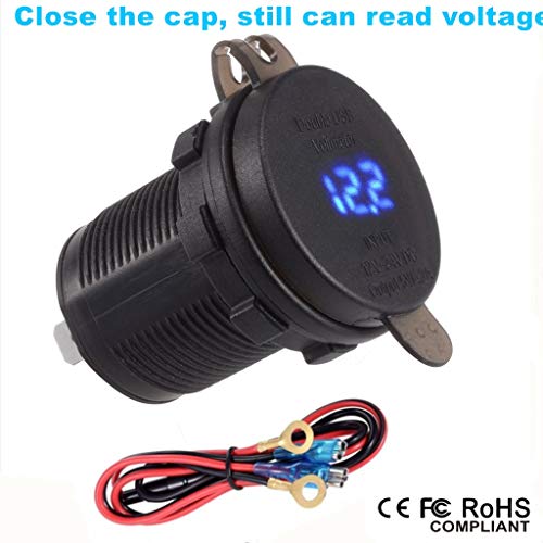 Chenes Dual USB Charger Socket Power Outlet Waterproof 2.4A & 2.4A (4.8A) with Voltmeter LED Digital Display & Wire in-line 10A Fuse for 12V/24V Car RV Boat Motorcycle Mobile - Thumbnail 3