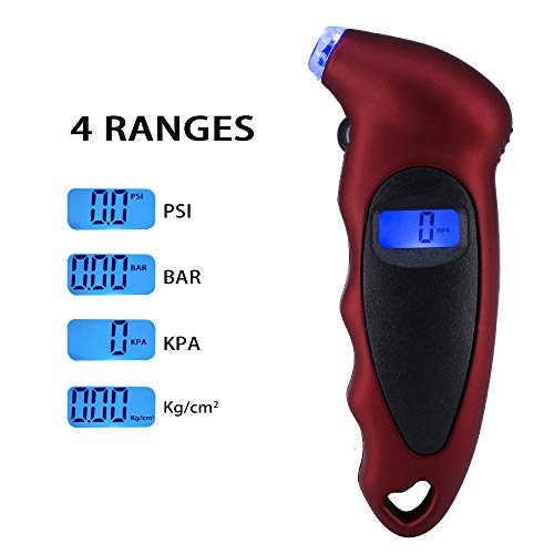HUIQIAODS Digital Tire Gauges 150 PSI 4 Pressure Units with Lighted Nozzle Backlit LCD and Non-Slip Grip for Vehicle Motorcycle Bike - Red